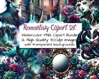 Set di clipart di draghi romantici, acquerello fantasy PNG (download digitale)