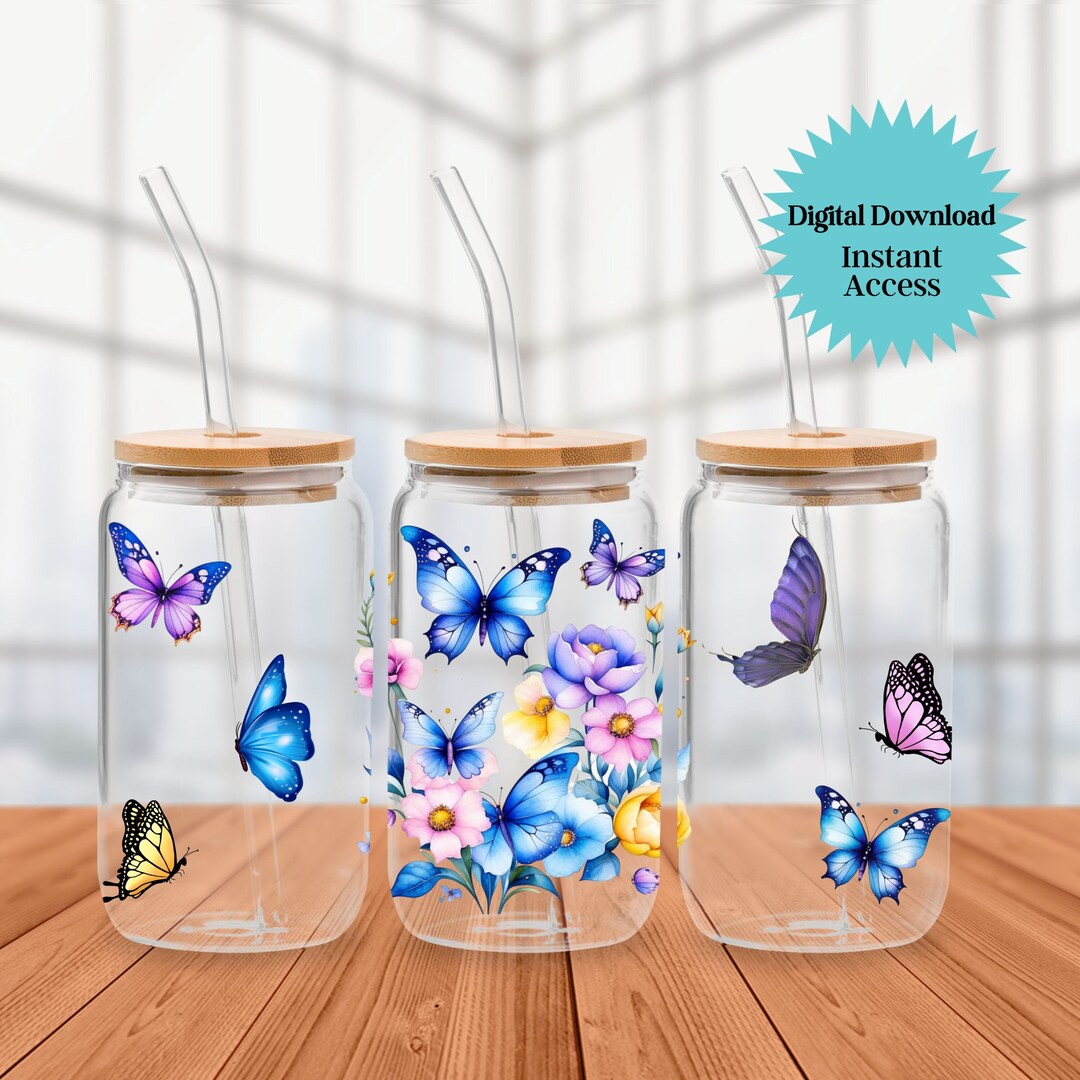Butterfly Libbey Can Glass Wrap: 16oz PNG Sublimation Design (digital ...
