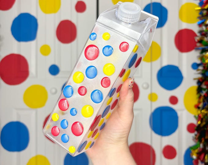 Frosted Acrylic Milk Carton Water Bottle, Primary Color Dots