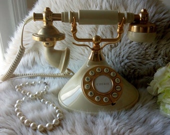 Vintage Retro 1920s Art Deco Style Telephone, Elegant Cream & Gold Tones  in working condition, nude beige accessories home decor