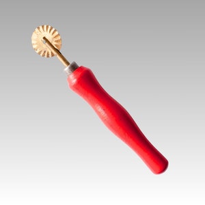 Vintage dough cutter with brass wheel and bright red handle, ravioli cutter, pastry wheel, cookie cutter, pastry crimper