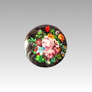 Handbemalte lackierte Brosche mit Blumen, runde Holzbrosche