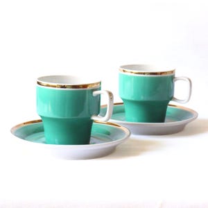 Two mint green Hollohaza coffee cups with saucer, mid-century modern tableware, porcelain espresso cups