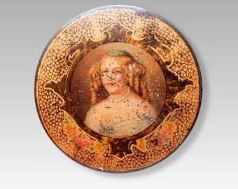 Collectible French Art Nouveau cosmetic tin box with woman portrait
