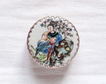 Vintage Asian pill box with handpainted porcelain lid and inside mirror, round pill holder, trinket box, ring box, pill case