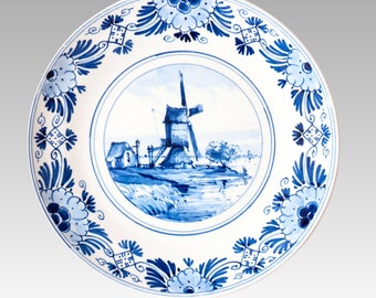 Royal Delft blue and white handpainted porcelain wall hanging plate with traditional Dutch windmill, Koninklijke Porceleyne Fles collectible