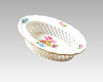 Vintage Herend reticulated porcelain bowl with Bouquet de Tulipe pattern, porcelain basket, trinket dish, handpainted porcelain