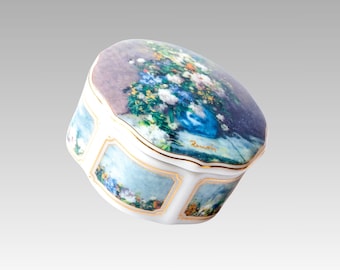 Porcelain trinket box with floral still life painting by Renoir, vintage Goebel Artis Orbis jewelry box