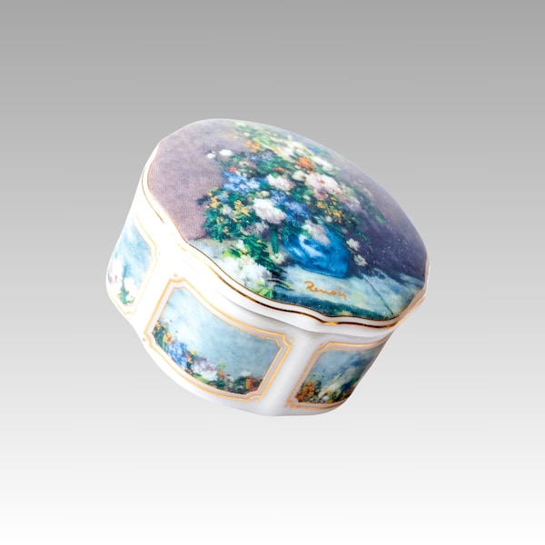Porcelain trinket box with floral still life painting by Renoir, vintage Goebel Artis Orbis jewelry box