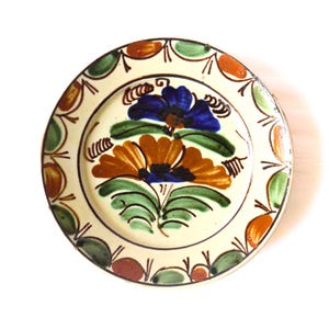 May include: A ceramic plate with a cream base and a floral design. The flowers are blue and orange, with green leaves. The rim has a repeating pattern of leaves and berries in green, orange, and brown. The plate is approximately 20 cm in diameter.