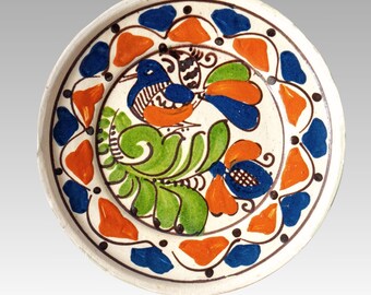 Korond style wall hanging plate with floral and bird pattern, handpainted ceramic plate from Transylvania
