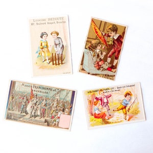 Vier antike Chromohandelskarten aus Frankreich und Belgien, Vintage Werbung, Sammlerpapier Ephemera