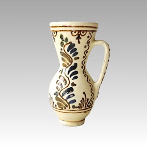 Ceramic pitcher with traditional Hungarian folk decoration, handpainted pottery, farmhouse style home décor