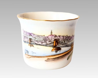 Small Aquincum Budapest porcelain cup with Chain Bridge and Danube panorama, Budapest souvenir