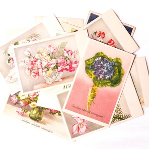 15 mid-century flower greeting cards, vintage postcard collection, supplies for collage, junk journal, paper art, postcrossing