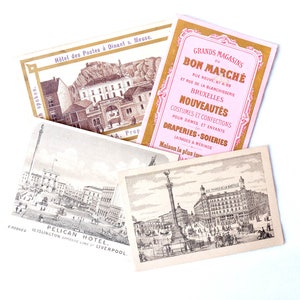 Quatro cartões comerciais antigos da França e da Bélgica, propaganda vintage, itens colecionáveis de papel