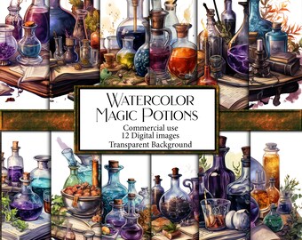 12Potions magiques aquarelle, fond transparent, potions png, élément de scrapbooking, art fantastique Junk Journal, utilisation commerciale, cottagecore