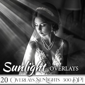 Pode incluir: Imagem a preto e branco de uma mulher com um vestido de noiva com contas, véu e colar de pérolas. O texto "Sunlight Overlays" e "20 Overlays Sunlights 300 DPI" estão presentes.