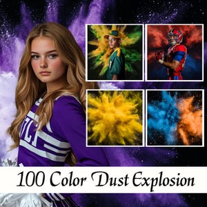Puede incluir: Una colección de 100 imágenes de explosión de polvo de color. Las imágenes presentan una variedad de colores y poses, incluyendo una persona joven con un uniforme de animadora morado, una persona joven con un uniforme de béisbol verde y una persona con un uniforme de fútbol rojo.
