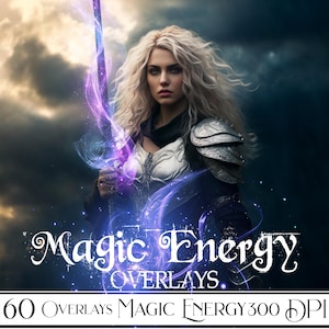 May include: A woman in armor with flowing white hair holds a sword with purple and blue magical energy swirling around it. The text "Magic Energy Overlays" is in the image.  60 Overlays Magic Energy 300 DPI.