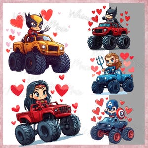 May include: Four cartoon couples, each with a different superhero, are driving monster trucks. The couples are Wolverine and a woman with red hair, Batman and a woman with black hair, Aquaman and a woman with blonde hair, and Captain America and a woman with blonde hair. The monster trucks are red, yellow, blue, and black. The background is white with red hearts.
