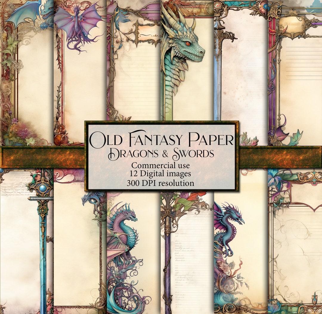 Fantasy Paper Shape Dragon and Sword Fantasy Digital Paper, Parchment Paper, Vintage Paper ...