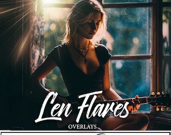 May include: A woman sits near a window, holding a guitar. The image features the text "Len Flares Overlays" and "30 Overlays Lens Flares 300 DPI". The scene is bathed in sunlight, creating a warm, artistic aesthetic.