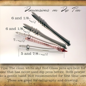 Puede incluir: Tres plumas estilogr&aacute;ficas con diferentes plumines y longitudes. Las plumas miden 15,5 cm, 15,5 cm y 14,9 cm de largo. El texto de la imagen dice "Dimensions on Dip Pen".