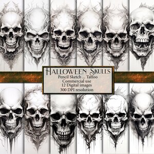 May include: Twelve digital images of black and white pencil sketches of skulls with intricate details. The skulls are drawn in a realistic style with a focus on the bone structure. The images are labeled "Halloween Skulls" and "Pencil Sketch... Tattoo Commercial use 12 Digital Images 300 DPI resolution".