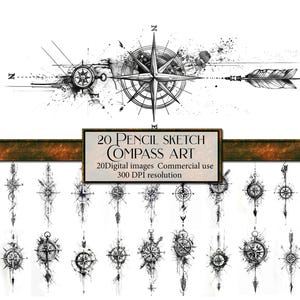 Bleistift Skizze Kompass Fantasy Kunstdruck t-shirt Kunst Scrapbooking Sofort-Download Kompass Bleistift Tattoo Design Einladung png