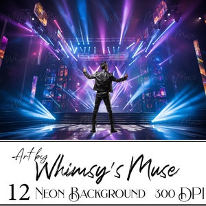 Puede incluir: Una persona vestida de cuero negro está de pie en un escenario con los brazos levantados, iluminada por luces de escenario azules y moradas vibrantes. El fondo presenta una estructura iluminada con neón. Incluye el texto "Art by Whimsy's Muse" y "12 Neon Background 300 DPI."
