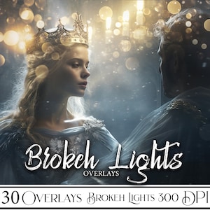 May include: A digital illustration of a woman wearing a crown and a man with a beard. The woman is wearing a blue dress and the man is wearing a blue robe. The background is a blurry image of lights and a dark sky. The text "Broken Lights Overlays" is written in white on a black background. The text "30 Overlays Broken Lights 300 DPI" is written in white on a black background.