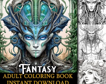 Fantasy coloring book, Printable Adult Coloring Book, 30 pages, Instant Download Grayscale JPG, Fantasy coloring book pages, scrapbooking
