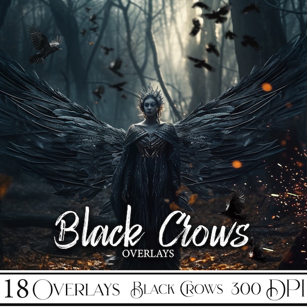 18 Black Crow overlay, Floating crow overlays, Photo Overlay, Transparent background, PNG File For Photoshop, digital download, bird overlay