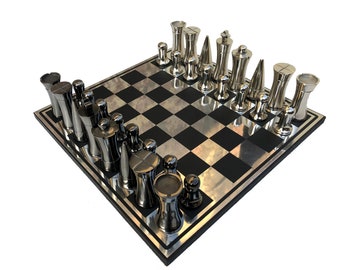 Art Deco complete Aluminum chess set 3.5&quot; metal pieces with 14&quot; metal chess board luxury metal complete chess set--The Chess Empire