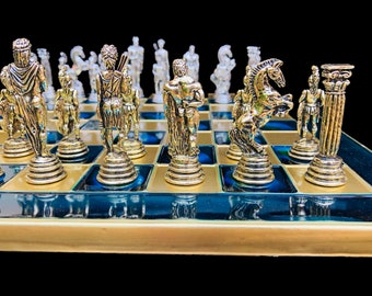 Greek Warrior complete chess set with 32x32 cm Turquoise Oxidation chess Board with chess pieces-luxury metal chess set--The Chess Empire