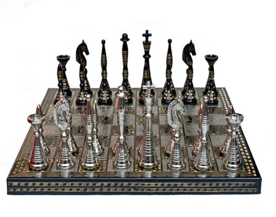 The Exquisite Carved Brass Metal Chess Set, Solid Metal Combo Chess Pieces  & Me