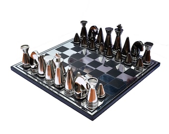 Art Beauty Series metal chess set Aluminum Silver/Black coated color 4&quot; King with 14&quot; Chess Board complete metal chess set--The Chess Empire