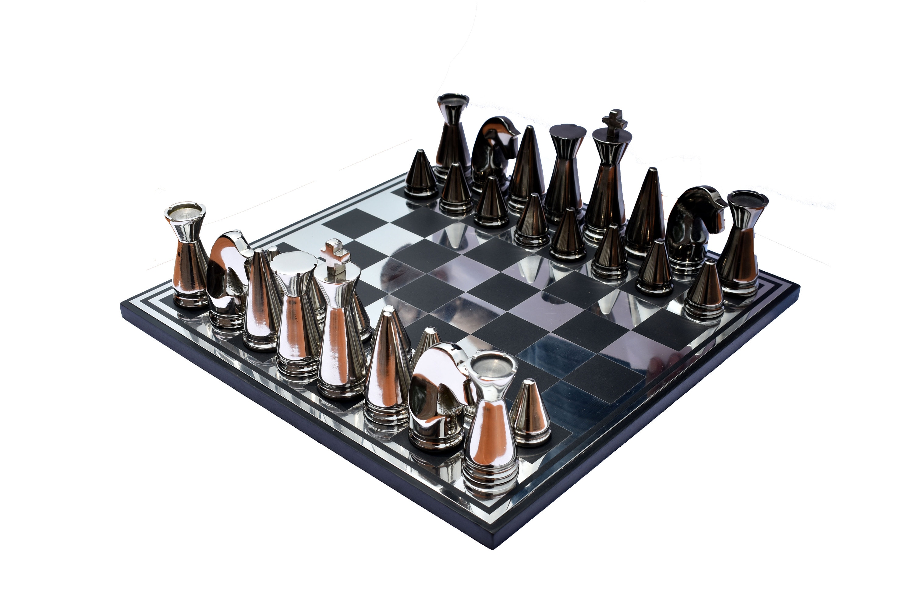 The Palm Art Series Chess set , Silver & Black Coated Brass , 3.5 King  with 12 Brass Chess Board