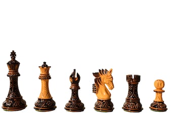 Designer Staunton luxury wood high glossy finish chess pieces 4" King Boxwood burnt chess pieces- The Chess Empire