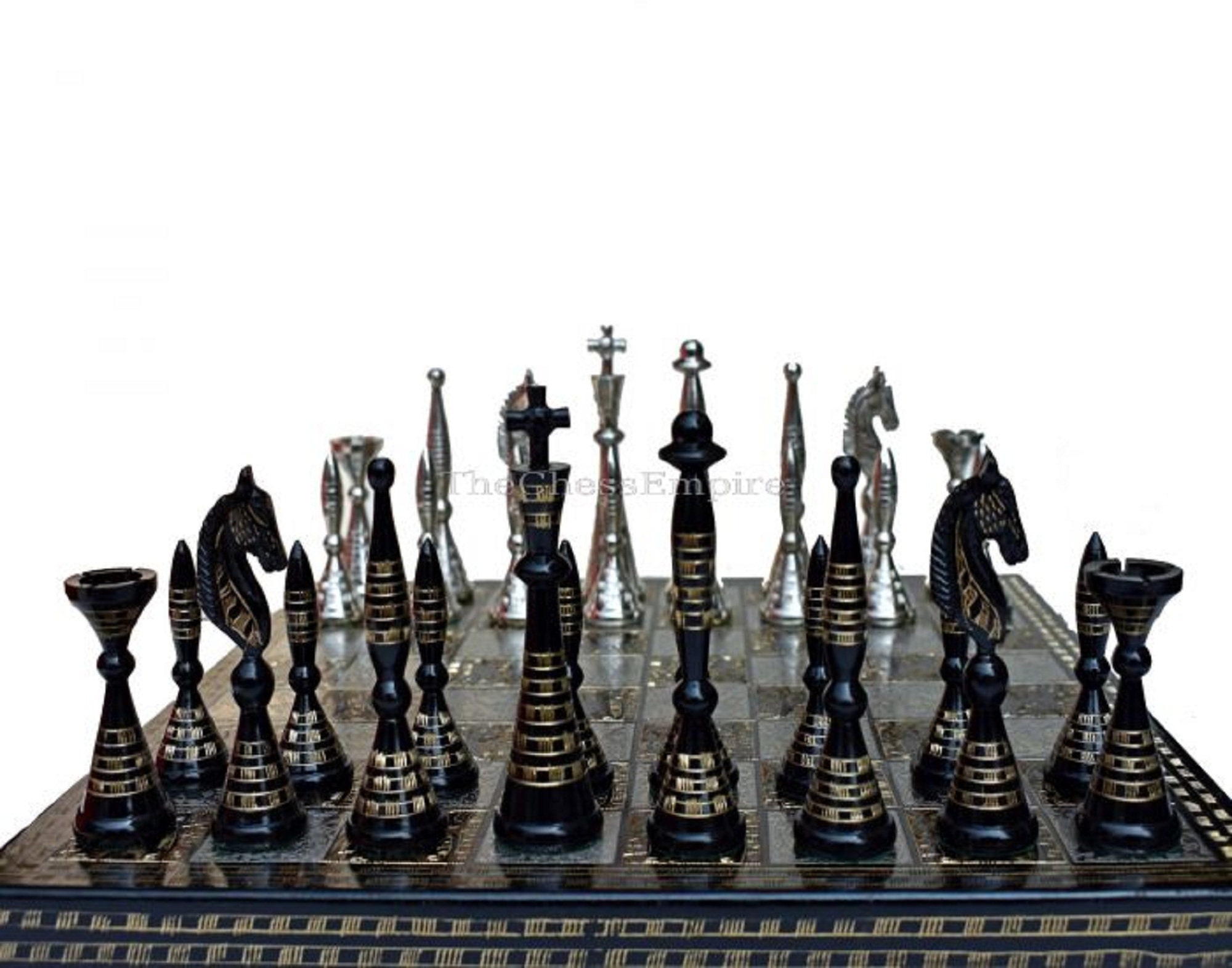 The Palm Art Series Chess set , Silver & Black Coated Brass , 3.5 King  with 12 Brass Chess Board