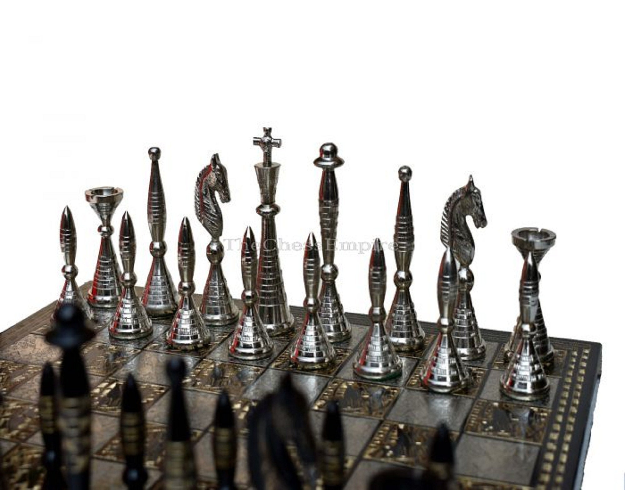 The Palm Art Series Chess set , Silver & Black Coated Brass , 3.5 King  with 12 Brass Chess Board