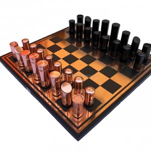 The Classical Art Series Rose Gold & Black Matte luxury aluminum chess set 13&quot; x 13&quot; with 2.5&quot; King metal chess set -- The Chess Empire