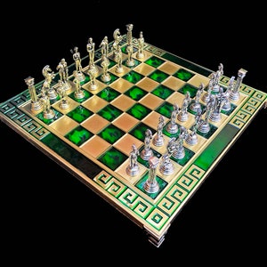 Greek Warrior complete chess set pieces with 32x32 cm Green Oxidation chess Board with chess pieces-luxury metal chess set--The Chess Empire