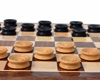 Tournament Series luxury wood checkers Pieces Boxwood & Ebonized 1.75" with Maple Storage Box checkers --The Chess Empire