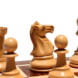 1910 Jaques Marshall-Nimzovich style knight reproduction chess pieces Boxwood/Ebony 3.5”King weighted Staunton chess pieces-The Chess Empire