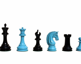 Piezas de ajedrez de lujo de la serie Sovereign, lacadas en azul turquesa y negro, de 4,25 pulgadas, King Staunton - The Chess Empire