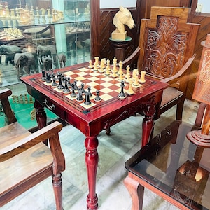 The Maharajah Series chess table set in African Padauk with Barbarian Series 4.4&quot; chess set pieces and chess chairs set-The Chess Empire