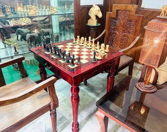 The Maharajah Series chess table set in African Padauk with Barbarian Series 4.4" chess set pieces and chess chairs set-The Chess Empire