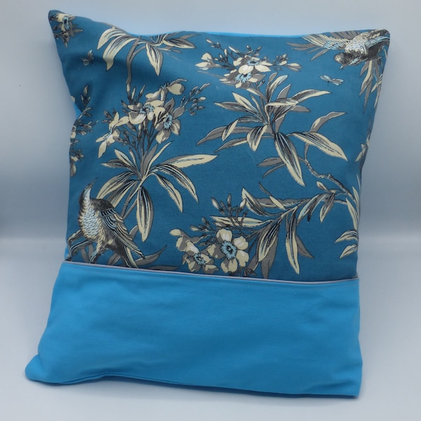 Housse de coussin coton 2 oiseaux fleurs turquoise et bleu canard coton